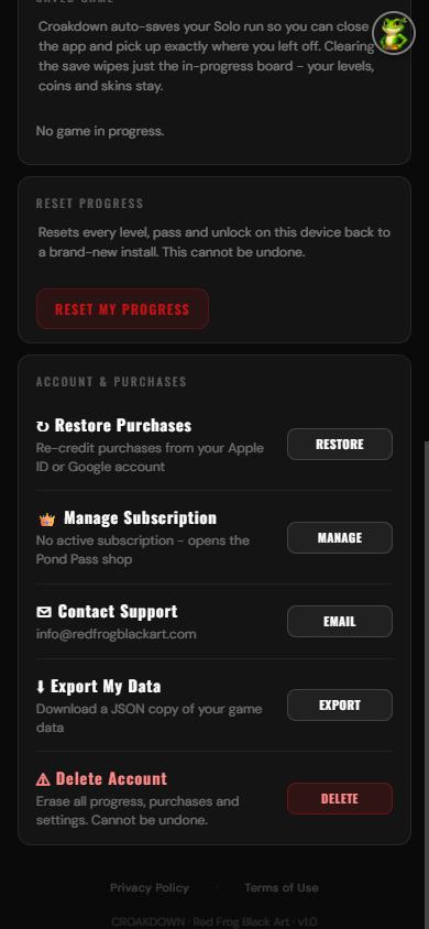 Croakdown Settings screen showing Restore Purchases, Manage Subscription, Contact Support, Export My Data and Delete Account controls