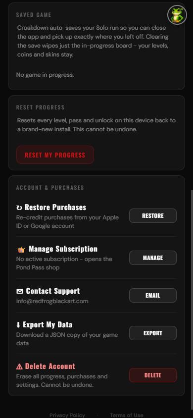 Croakdown Settings screen showing the Reset Progress section with a red RESET MY PROGRESS button