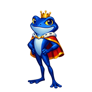 Sapphire King frog skin — blue frog with gold crown and red cape