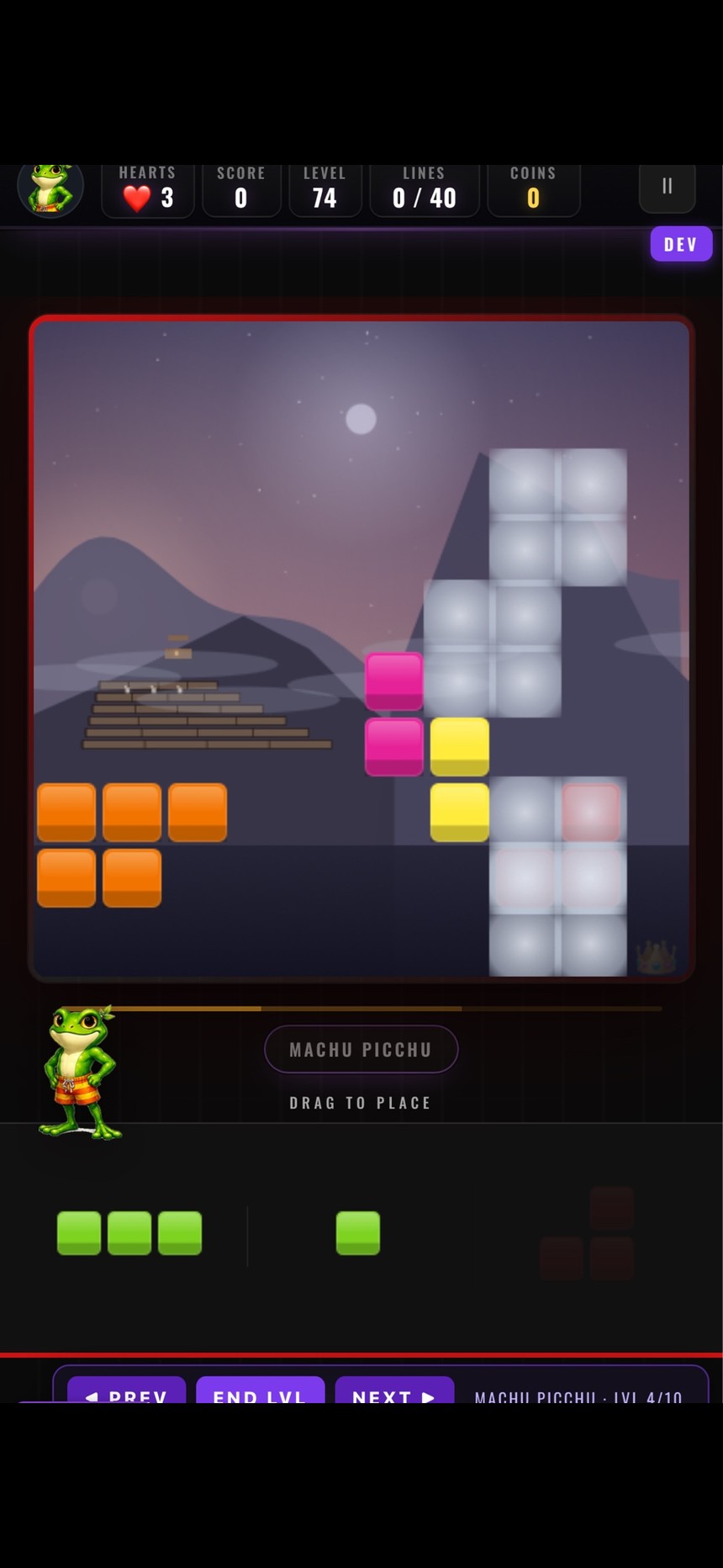 Croakdown Wonders world, Machu Picchu moonlit gameplay